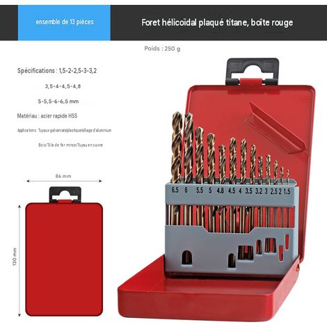 Coffret de 13 forets hélicoïdaux plaqués titane, dans une boîte rouge
