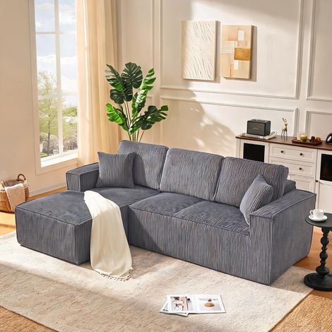 Canapé d'angle convertible 2 places en tissu corduroy gris (1/5)