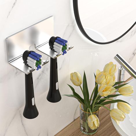 Porte-Brosse à Dents électrique Mural, Porte-Brosse à Dents sans percer pour Salle de Bain Support de Brosse à Dents Autocollant Porte-tête de Brosse à Dents (Argenté, Petit) (1/5)