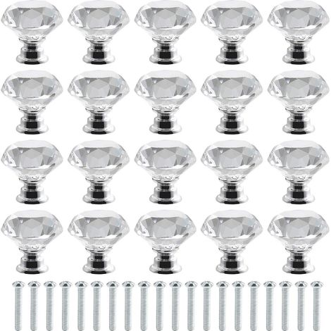 Poignées de porte en verre cristal transparent 30 mm,lot de 20 avec vis,poignées de luxe légères pour armoire et tiroir,bouton à trou unique pour décoration intérieure (1/5)