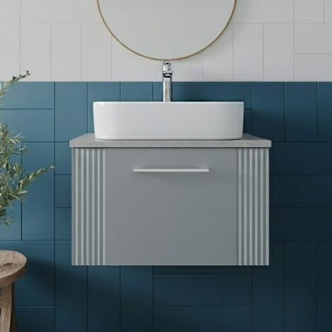 Nuie Deco Satin Grey 600mm Wall Hung Single Drawer Vanity Unit with Bellato Grey Worktop - DPF294LBG (1/5)