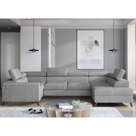 Canapé panoramique convertible SKADA tissu – Rangement et appuis-têtes réglables à droite-Gris clair-Coffre à droite (1/5)