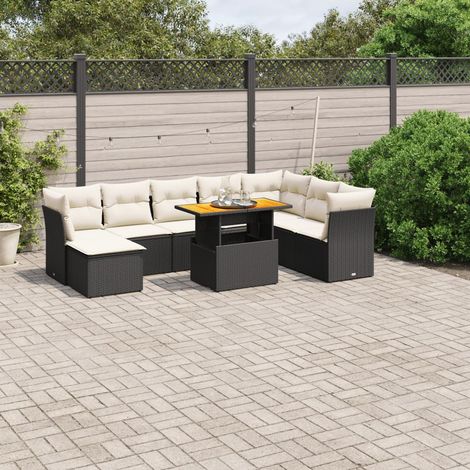 Ensemble Salon Jardin 9 Places Noir Résine Tressée avec Coussins Crème - Table Réglable Hauteur, Meuble Extérieur Modulaire (1/3)