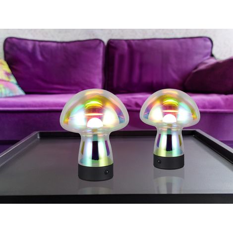 2er SET kleine Akku Tischleuchten aus irisierendem Glas, Höhe 18cm (1/5)