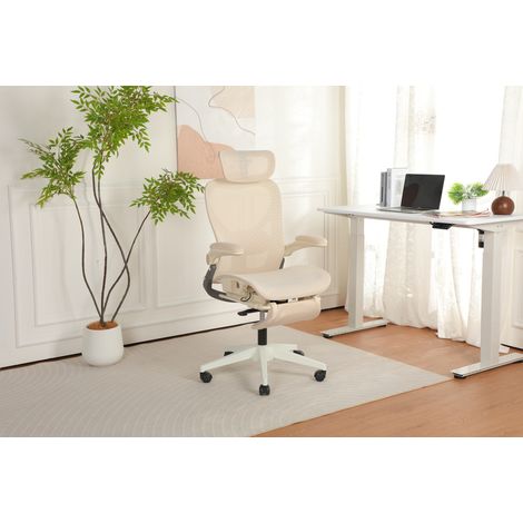Silla de oficina ergonómica plegable con apoyo lumbar y respaldo de malla, crema, OKWISH (1/5)