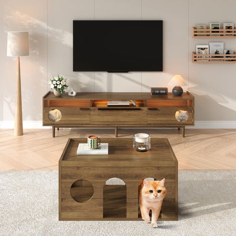Meuble TV moderne avec éclairage LED, espace repos pour chat, portes en verre renforcé acier et 1 tiroir (sans coussin), finition noyer, 180 x 40 x 50 cm