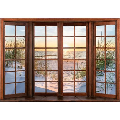 Papier peint 3D fenêtre coucher de soleil plage mer décoration murale – 400 x 280 cm Wallarena