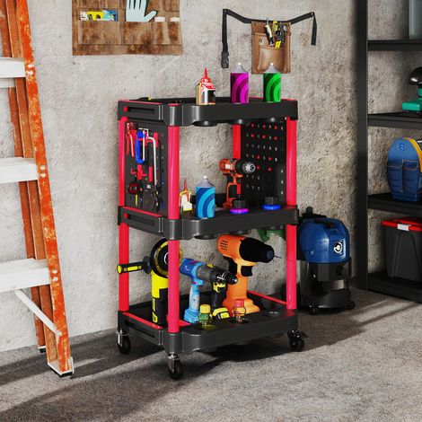 Chariot à outils en plastique à 3 niveaux panneau latéral perforé - Couleur: Noir, Rouge