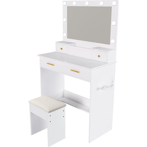 Coiffeuse blanche avec éclairage LED 3 modes, 4 tiroirs et porte-sèche-cheveux, avec tabouret rembourré - 80x40x137 cm (1/5)