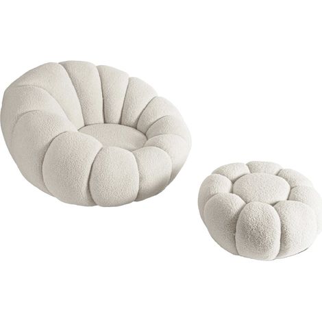 Sillón "Élysée" estilo burbuja con puf en tejido bouclette - Crema