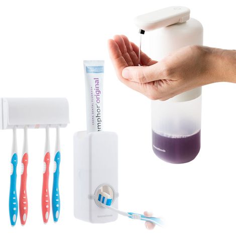 Pack Distributeur de Dentifrice avec Porte Brosse à Dents et Distributeur Automatique Rechargeable de Savon Liquide InnovaGoods