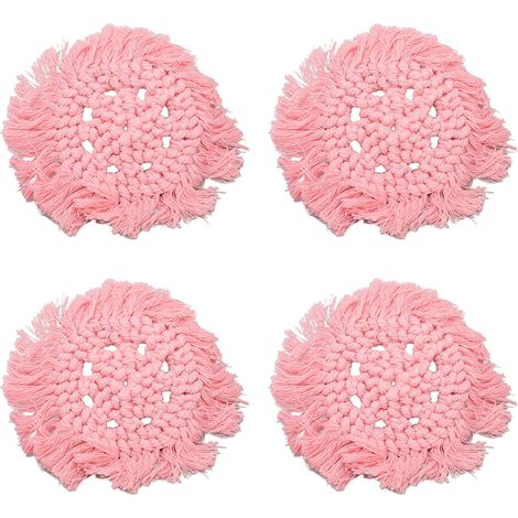 4pcs sous-verres ronds en coton tressé avec franges, couleur unie rose élégant, dessous-de-verre pour verres, supports de pot de rouge à lèvres DIY (1/5)