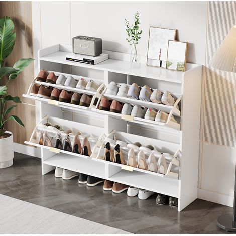 Meuble à chaussures moderne blanc, 4 abattants, rangement ouvert, 110 x 90 x 24 cm (1/5)