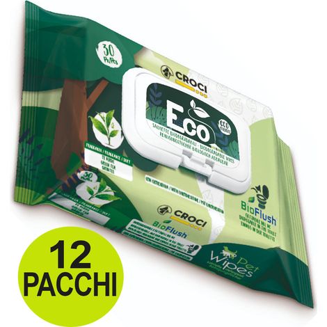 OFFERTA 12 Confezioni da 30 Salviette ciascuna umidificate Eco al Te Verde e Clorexidina per cani e gatti