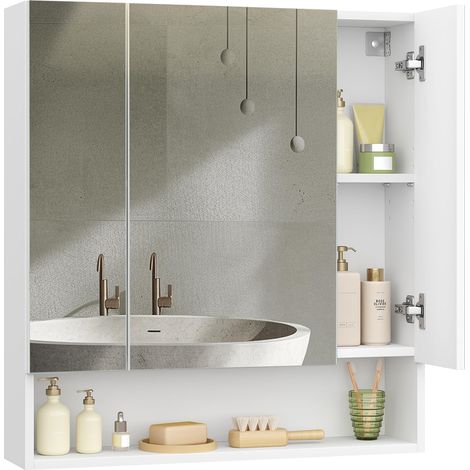 VASAGLE KAILYN Collezione - Armadietto Bagno da Parete con Ante a Specchio, Mobiletto Pensile Bagno, Ripiani Regolabili, Stile Moderno, 16,5 x 70 x 75 cm, Bianco Nuvola BBK129W01 (1/5)