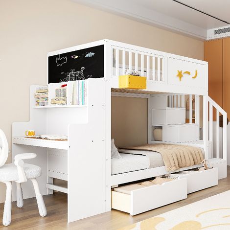Etagenbett Kinder 90x200 cm mit Schreibtisch, Sicherheitstreppe und Schubladen, Massivholz Kiefer Weiß, Kinderbett mit Stauraum und Sternenmotiv (1/5)