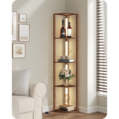 Floor Lamp with Wooden Shelves, Corner Shelf for Living Room, 20W LED Adjustable Floor Lamp, 360° Swivel Light Bar for Bedroom, Office, Rustic Brown (1/5)