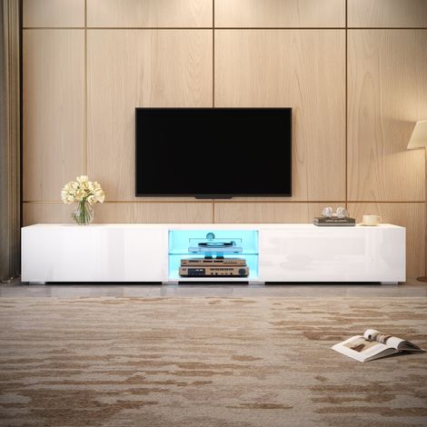 Meuble tv 200x30x30cm avec portes brillantes led multicolore via application étagère transparente - mdf - blanc (1/5)