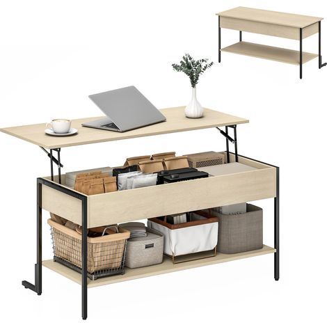 Table basse avec plateau relevable, table de salon avec compartiment caché et étagère ouverte, 95x40x59cm, bois naturel