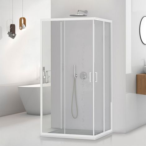 Box doccia 3 lati 80x120x80 in vetro temperato trasparente doppio scorrevole con profili bianchi Tay