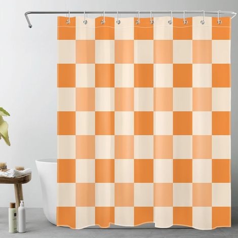 Damier Orange Rideaux de Douche 150x200cm(LxH) Beige Plaid Rideaux de Bain avec Crochets,Géométrique Abstrait Extra Longue Imperméable Polyester Anti Moule Salle de Bain Décor (1/5)