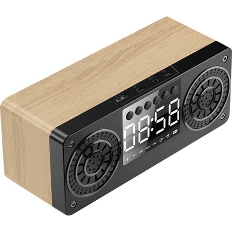 Enceinte Bluetooth - Horloge En Bois - 6 W - 200 x 76 x 80 mm - Batterie 1200 mAh - Fonctions Radio FM Carte TF Clé USB Entrée AUX - 1 Pièce (1/5)