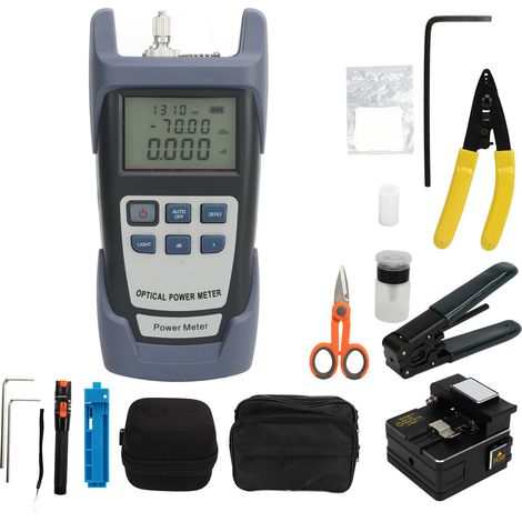 Kit d'outils fibre optique : puissancemètre optique, localisateur de défauts visuels, cliveur fibre, dénudeur câble, kit de terminaison FTTH (1/5)
