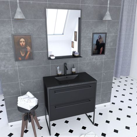 Mueble de baño 80x50 - cajones negro mate - lavabo de resina efecto piedra + espejo