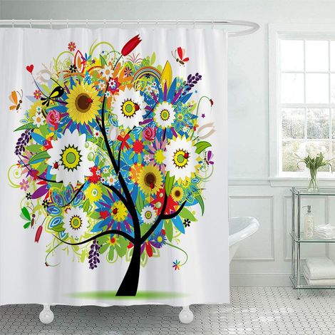 Filiyano-Rideau de douche coloré à motifs d'arbres, de fleurs et de papillons, couleurs douces, en polyester imperméable, avec 12 crochets, convient