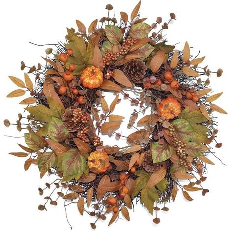 Couronne de porte Halloween 45 cm – Décoration automnale artificielle avec citrouilles et baies – Pour fête des récoltes et décoration Halloween (1/5)