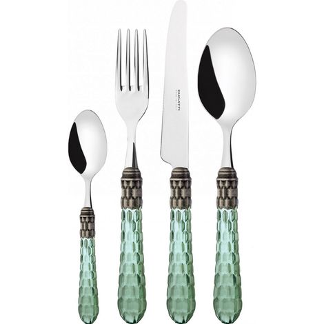 24 pièces couverts ensemble dans un boîtier en bois vert transparent Cristallo ghiera argento antico Bugatti