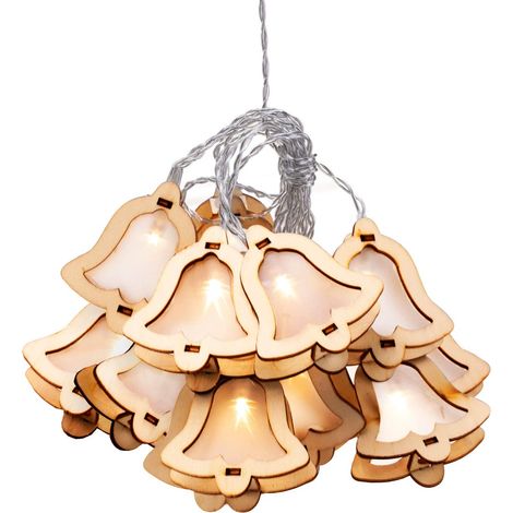 Guirlande lumineuse à 10 LED avec minuteur, cloches, en bois blanc chaud, statique, à piles, en bois (1/5)