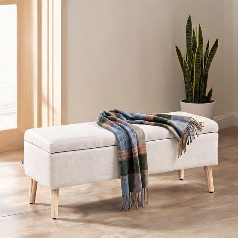 Pouf beige en polyester Kautschukholz 110 x 39 x 45 cm (1/5)