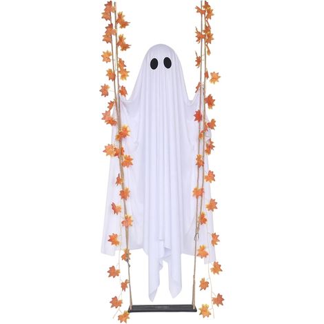 Décoration d'Halloween fantôme suspendu avec guirlande lumineuse, grand modèle (1 pièce), balançoire effrayante pour fête en extérieur (jardin, porche). (1/5)