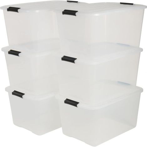 Lot de 6 boîtes de rangement, 45L, Empilable,Chambre,Salon, Salon, Garage - Top Box- Transparent (1/5)