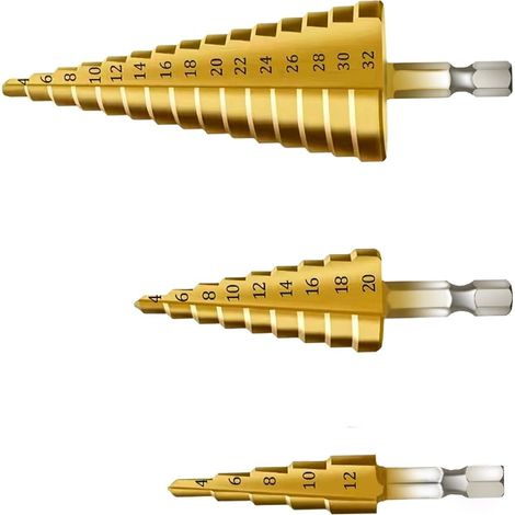 3PCS Foret Fraise Meche Etage, Triangle Conique Titane Foret Fraise, 4-12/20/32 mm Pour Visseuse Percage sur Acier,Laiton, Bois, Plastique