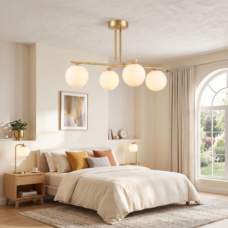 Suspension moderne à 4 abat-jour globe, réglable en hauteur et orientable à 350°, blanche (1/5)