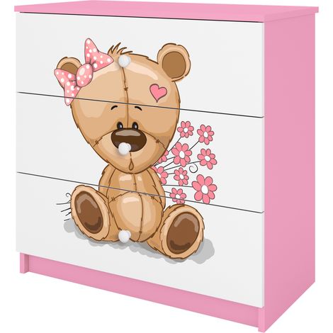 Babydreams Commode enfant 81 cm avec 3 tiroirs motif ours et fleurs rose