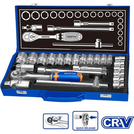 Juego de Carraca de 24 Piezas 1/2" WADFOW, Acero Cr-V, Acabado Cromado, Caja Metálica