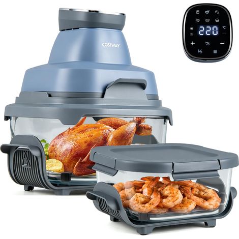 COSTWAY 4 L Friggitrice ad Aria Portatile 1500 W, Friggitrice Elettrica con 2 Griglie, 2 Contenitori Vetro con Coperchio, Forno ad Aria Calda con Display Touch, Temperatura Regolabile (Blu) (1/5)