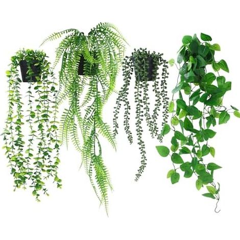 4 Pcs Plante Artificielle Tombante, Plante Suspendue avec Pots, Fausse Plante Tombante Plantes Artificielles Interieur, Vigne Plantes Tombante pour Fête de Mariage Jardin, Balcon ou Décoration Murale (1/5)