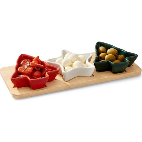 Juego de 4 cuencos de porcelana para aperitivos con bandeja de bambú
