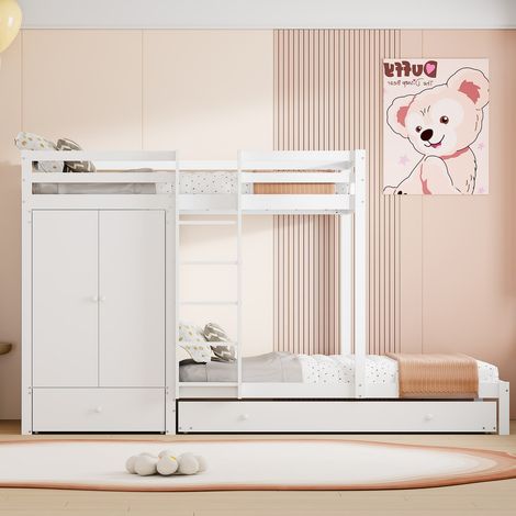 Lit superposé enfant 90x200 cm en bois avec lit gigogne, armoire, tiroirs et étagère, sommier inclus, sans matelas blanc (1/5)