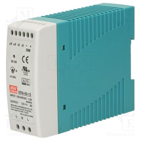 Alimentation électrique Rail Din 12vdc 60w 5a Meanwell Dra-60-12