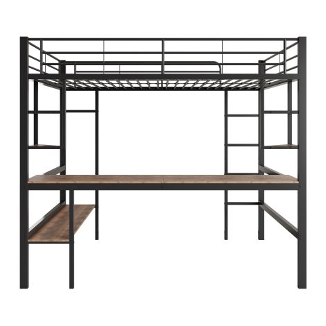 Bettgestell Metallbett, Eisenbett mit Schreibtisch, Hochbett mit vier kleinen Regalen und einem großen Bücherregal für Kinder, Jugendliche und Erwachsene