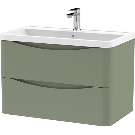 Balterley Dunwood Wall Hung 2 Drawer Bathroom Vanity Unit & Polymarble Basin, Satin Green, 755mm (1/5)