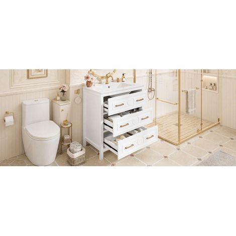 Meuble vasque blanc autoportant avec vasque en céramique, 3 tiroirs silencieux et finition laquée pour salle de bain et WC (1/5)