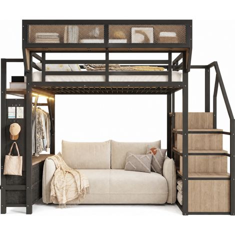 CHICFURN Cama alta metálica 140 x 200 cm con LED, estante, barra de colgar, cajón de tela, gancho de almacenamiento y escalera, para dormitorio pequeño, negro (1/5)