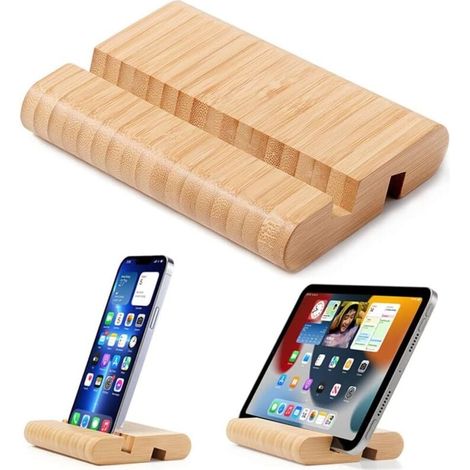 Support de tablette et de téléphone portable en bambou pour bureau, pour iPhone, iPad, tablettes et tous les téléphones (grande taille) (1/4)