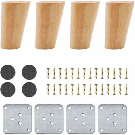 Lot de 4 Pieds de Meuble en Bois, Pieds de Meuble Coniques inclinés de 8 cm, Pieds de Table de Remplacement en Bois Massif en chêne, Pieds de Meuble avec plaques de Montage, vis et Patins en Feutre